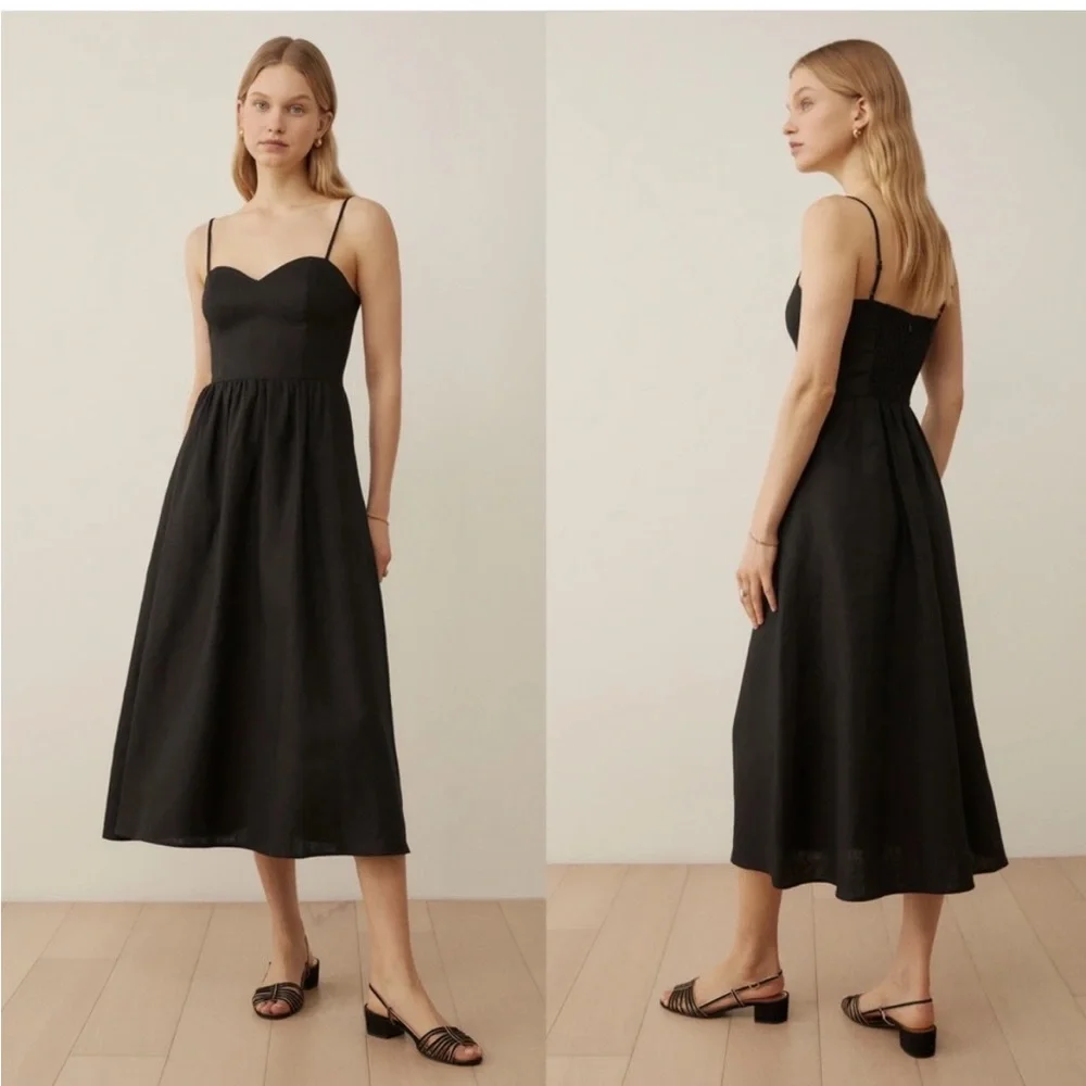 Reformation Odette Black Linen Midi Dress 2 NWT - Picture 1 of 11